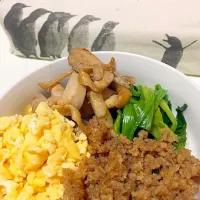 Snapdishの料理写真:鶏そぼろ丼 #鶏そぼろ #卵そぼろ #てりやきチキン|s2risaさん