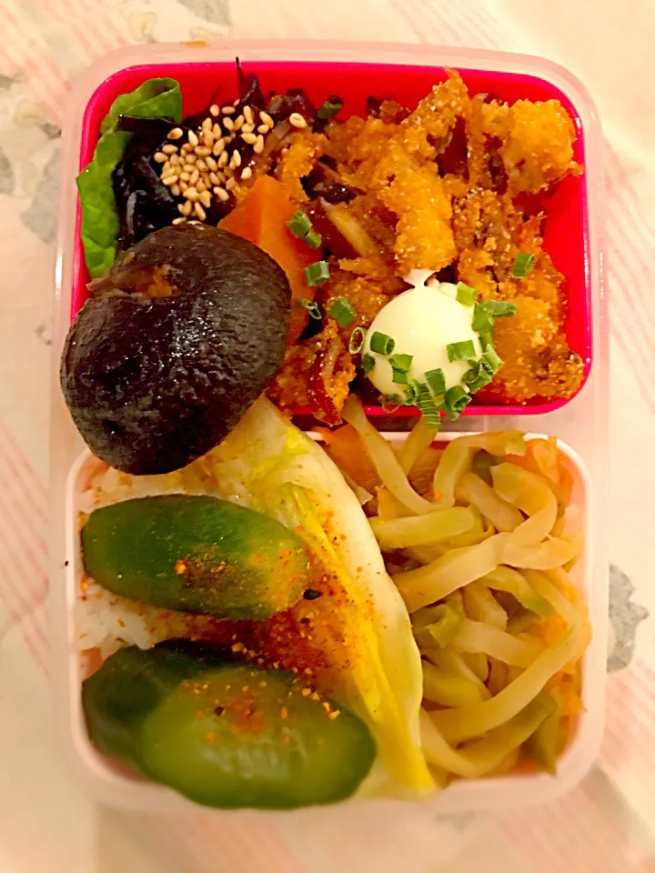 パパお弁当🍱😋  イカフライ🦑  人参と椎茸の煮物  昆布の佃煮  ザーサイ  きゅうりの糠漬け  白菜の漬物|ch＊K*∀o(^^*)♪さん