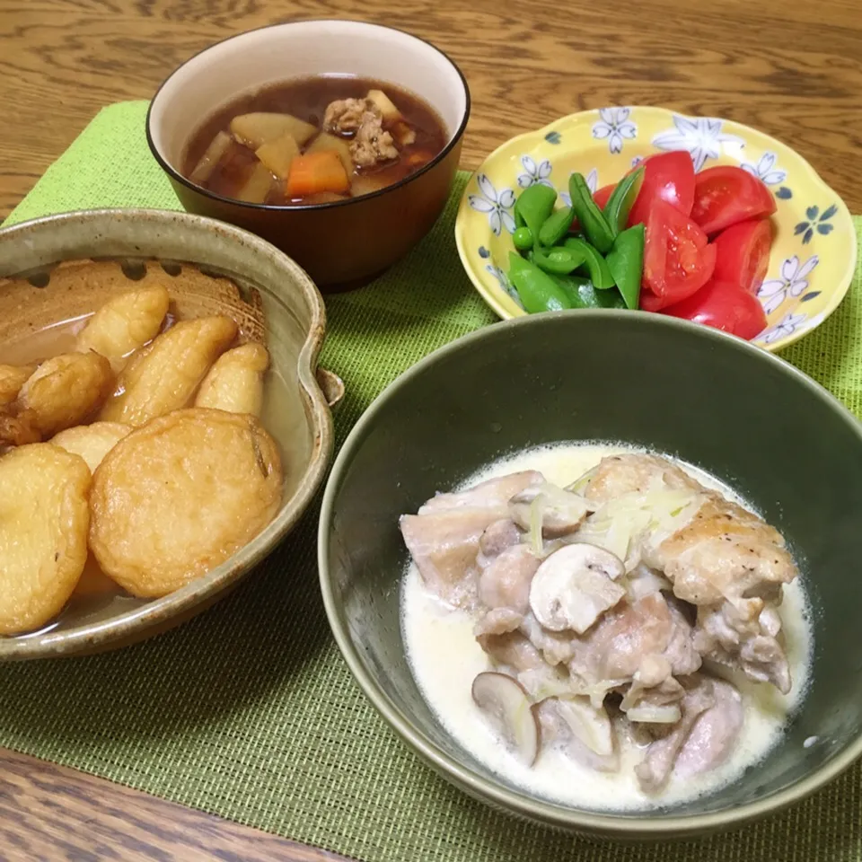 豚汁・スナップえんどうとトマト・鳥もも肉のクリーム煮・練り物煮物|美也子さん