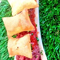 Snapdishの料理写真:Steak tartar with Bone marrow, flying fish roe and potatoe bags.|De Pupesさん