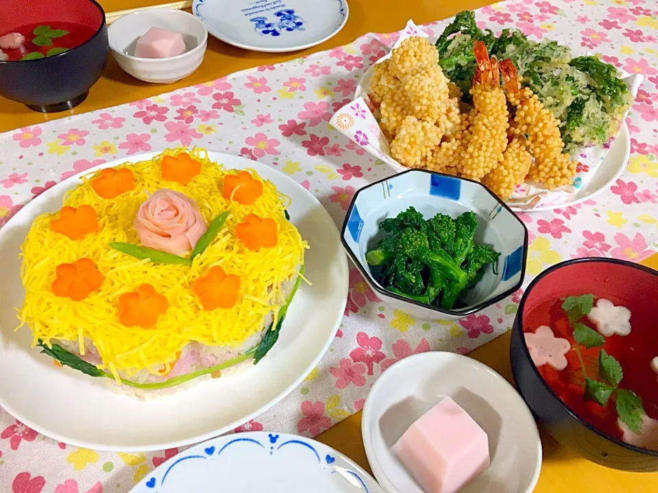 #ひな祭り #寿司ケーキ #ぶぶあられ #天ぷら #菜の花の辛子和え|tokkoさん