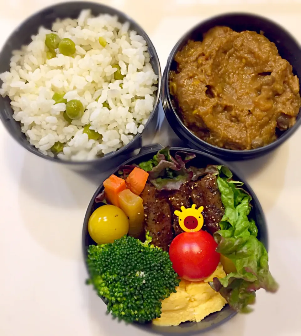 #カレーライス #豆ごはん #照り焼きペッパーハンバーグ#レンジで作る卵焼き #ブロッコリーの隠しマヨネーズ|アンジーさん