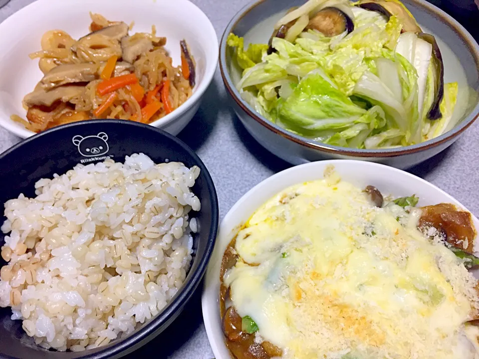 もち麦飯、カレーアスパラジャガイモグラタン、切干し大根、白菜ミョーガなす漬け|ms903さん