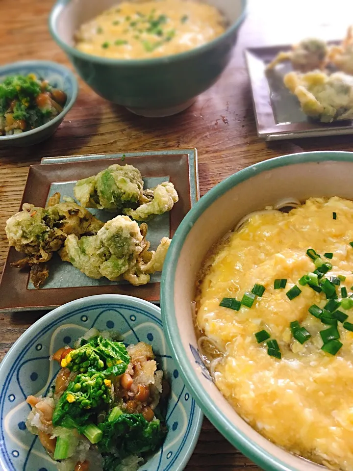 休日のお昼
・かき玉うどん
・ふきのとうの天ぷら
・菜の花入りのなめこおろし|akiさん