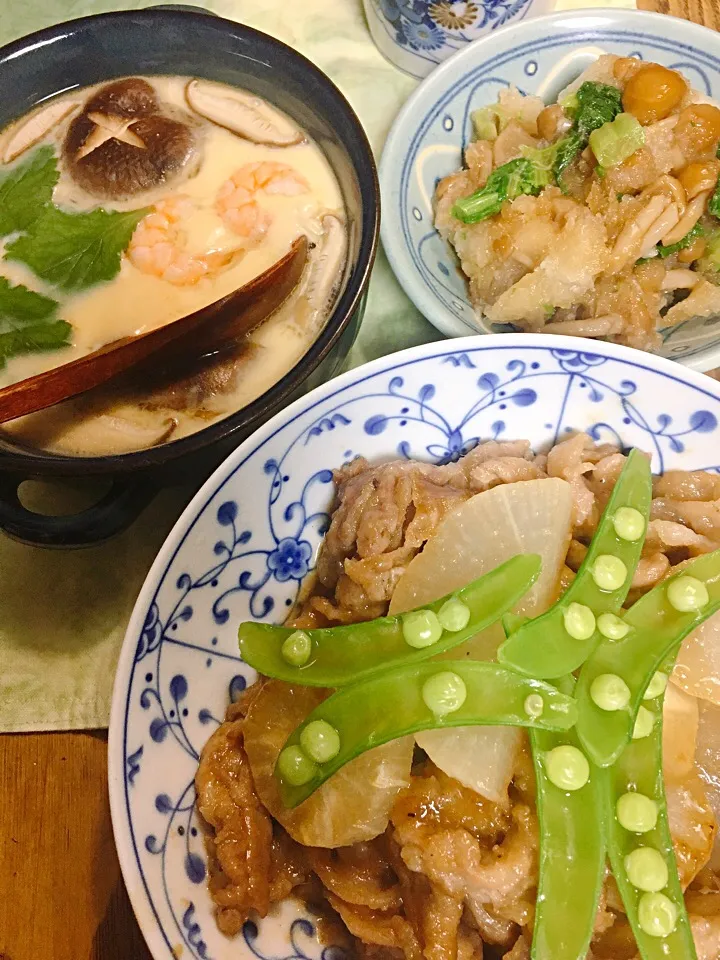 夕飯
・茶碗蒸し
・豚肉と大根、蕪の炒め煮|akiさん