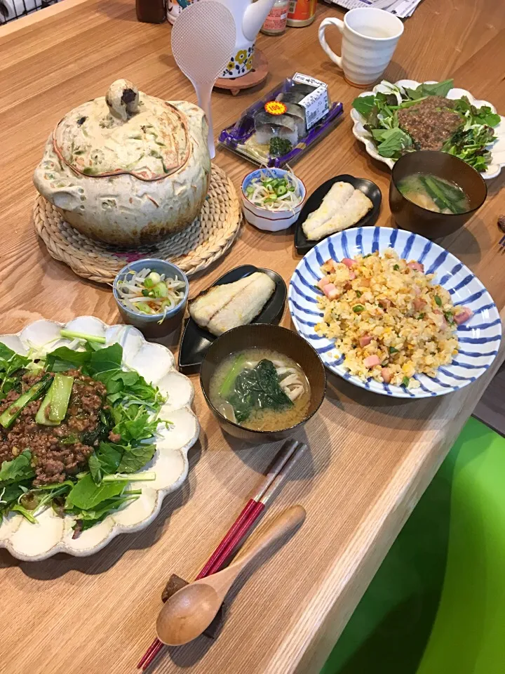 今夜のん♪
野菜とひき肉のオイスター炒め
さわらの味噌焼き
もやしの旨辛
味噌汁|Momo Hanaさん