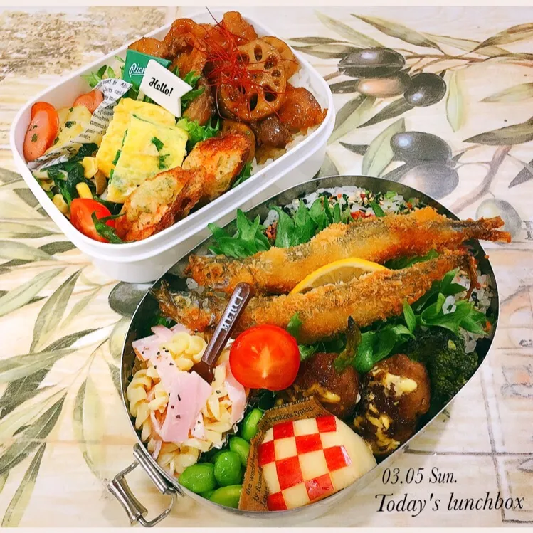 ししゃもフライのっけ弁当&甘辛鶏れんこん丼弁当♪|mikiteeee52さん