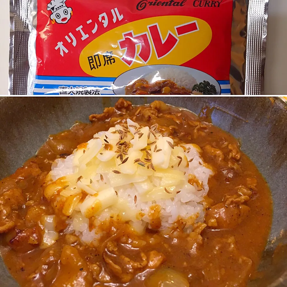 Snapdishの料理写真:先日の名古屋特攻時に、いつみちゃんから頂いたオリエンタルカレーが今日の昼ご飯になりましたわ😋大人向けに少し辛さを足してみました。ご飯にチーズとクミンシード乗せたら見た目がヨロシクないですわね😅|にゃあ（芸名）さん