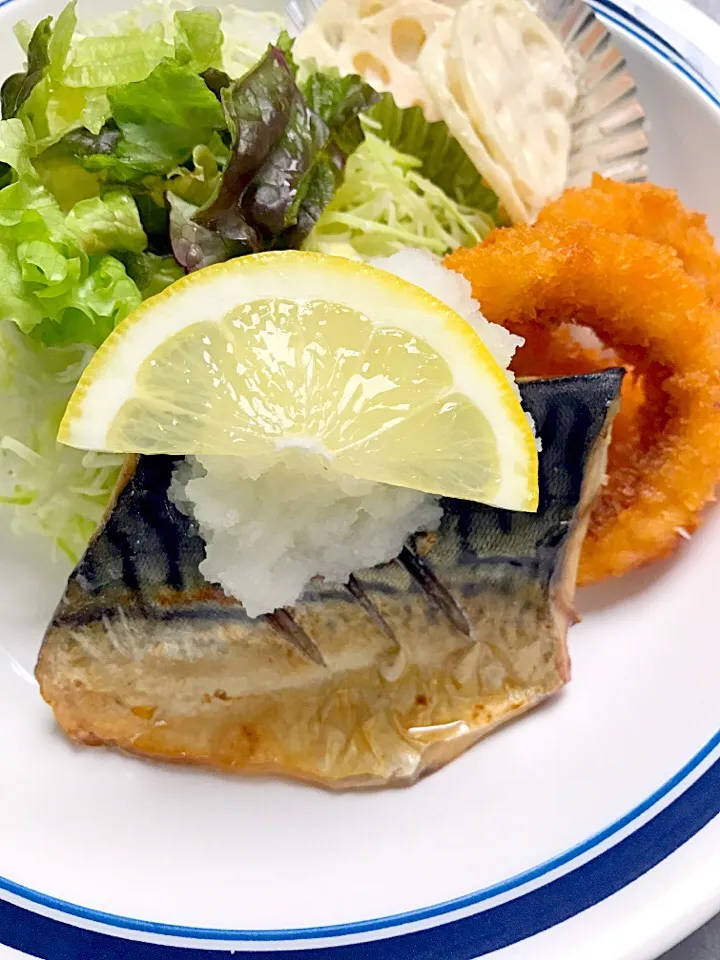 鯖塩焼き 蓮根の山葵マヨ和え|学食おばちゃんさん