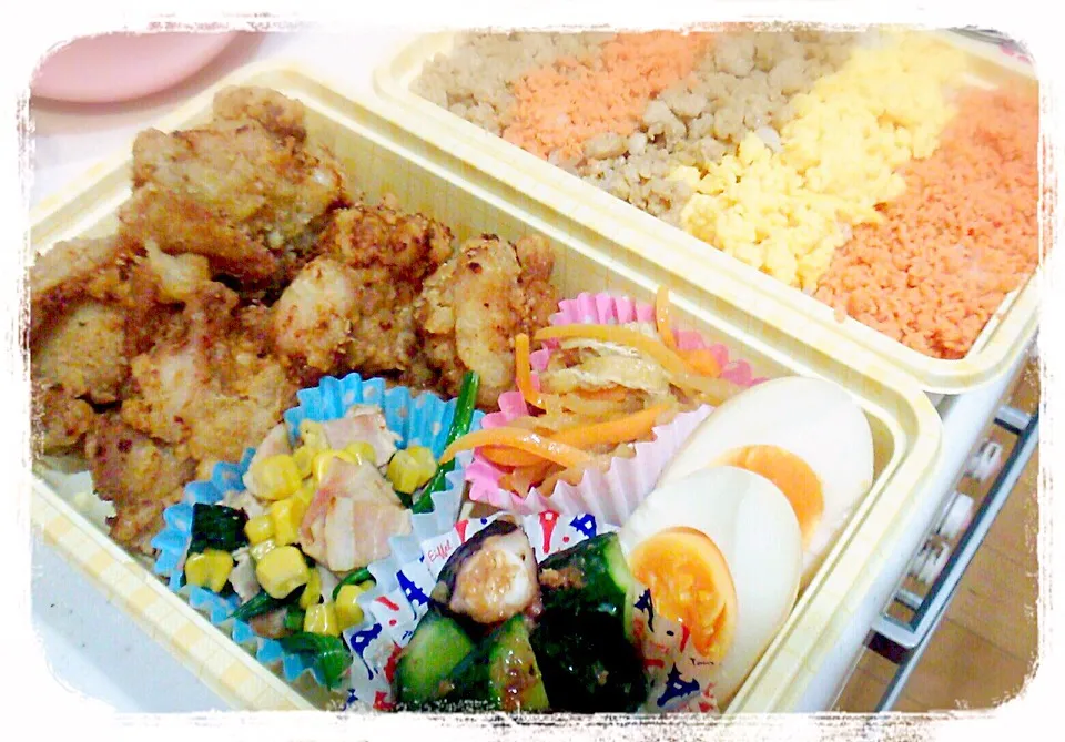 本日のお弁当☆三色丼&唐揚げランチ♪隙間には簡単煮卵(作り方はコメントに)
#三色丼 #唐揚げ#お弁当#煮卵|＊megmilk’s cafe＊〜☆*:.｡. ほっこりごはん。｡.:*☆〜さん