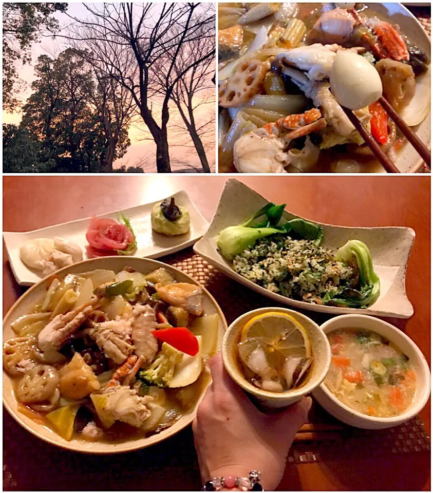 Today's Cantonese cuisine Dinner🍴点心<小籠包･焼売･魚生･翡翠茄子>･海鮮什錦･翡翠鮭炒飯･雜菜湯|🌈Ami🍻さん