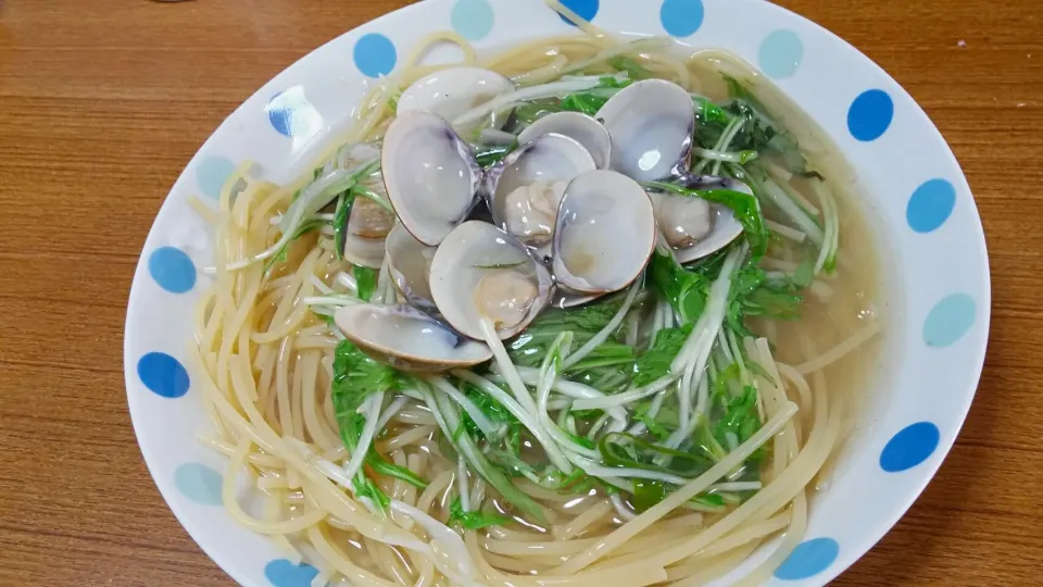 ハマグリと水菜の餡掛けパスタ
(ハマグリのお吸い物の残りアレンジレシピ)|あぁちゃんさん