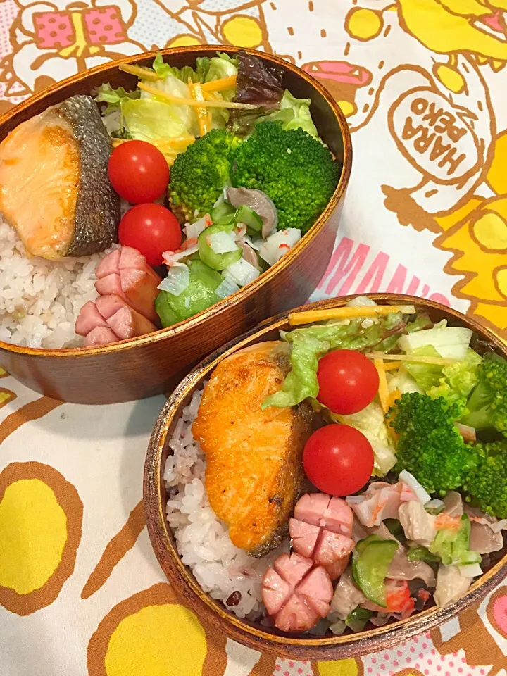 ふたり弁当

ごはん
野菜サラダ(レタス サニーレタス 人参
               ブロッコリー ミニトマト)
酢の物(きゅうり カニかま 砂肝)
ソーセージ
塩鮭|ひななぎさん