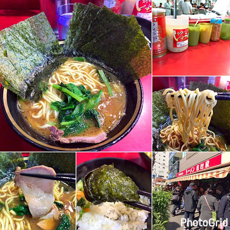 Snapdishの料理写真:ラーメン(麺かため・味濃いめ)＋海苔増し＋ライス@吉村家(横浜)|塩豚骨さん