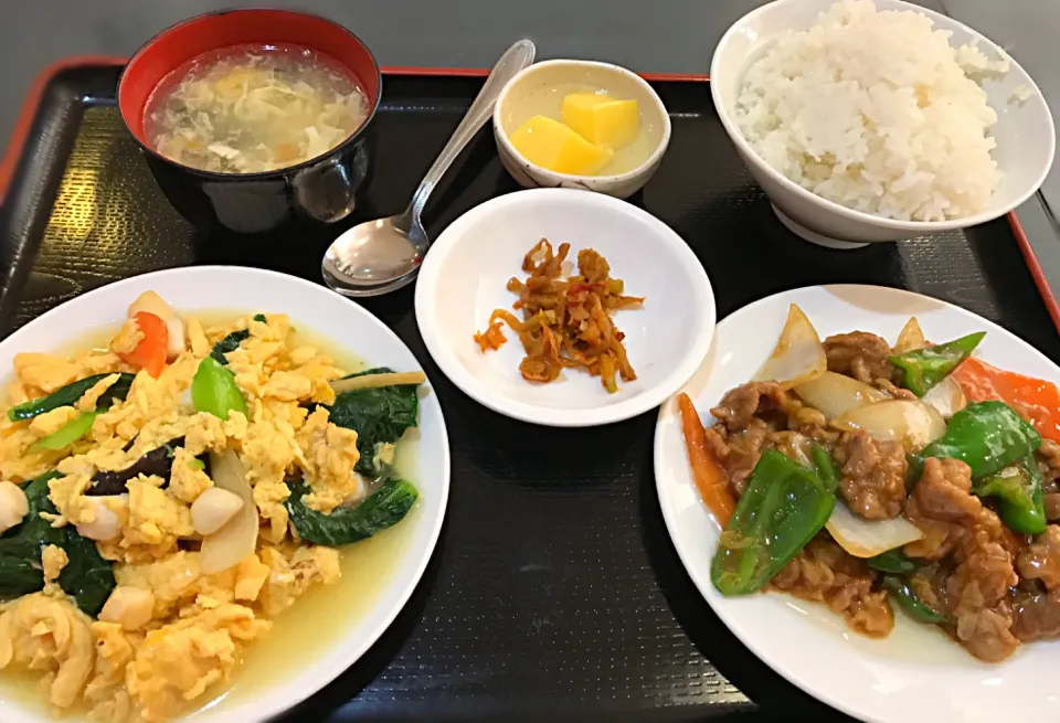 貝柱卵炒め・牛肉のオイスターソース 定食|toshi,I🍴さん