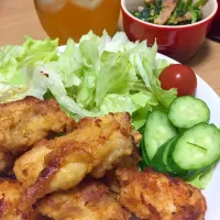 Snapdishの料理写真:本格唐揚げ！漫画レシピ（笑）、ほうれん草とハムポパイソテー|くろさん