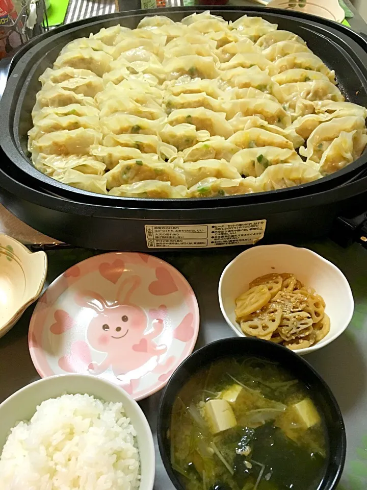 餃子、レンコンのきんぴら、味噌汁(玉ねぎ、水菜、豆腐、ワカメ)|ライムさん