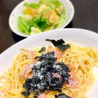 2017.3.7.の晩ご飯。鮭マヨパスタ。サラダ。|まち。さん