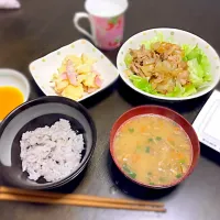 Snapdishの料理写真:2016.3.6.の晩ご飯。豚汁。納豆ご飯(16穀米)。豚の生姜焼き。ポテサラ。|まち。さん