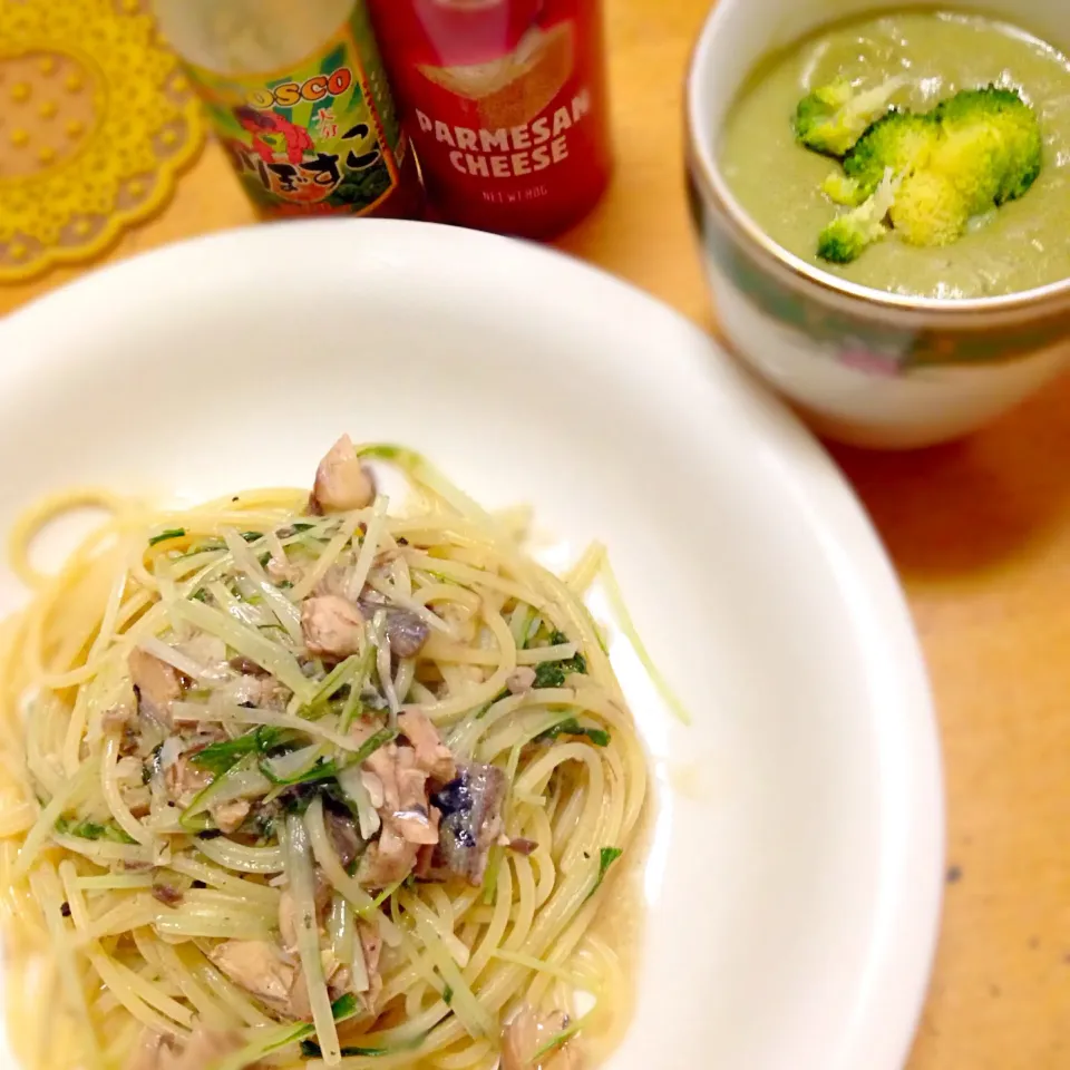 鯖と水菜のパスタ＆ブロッコリーのポタージュ♫#鯖の水煮 #水菜 #ブロッコリーの茎|こなちゅんさん