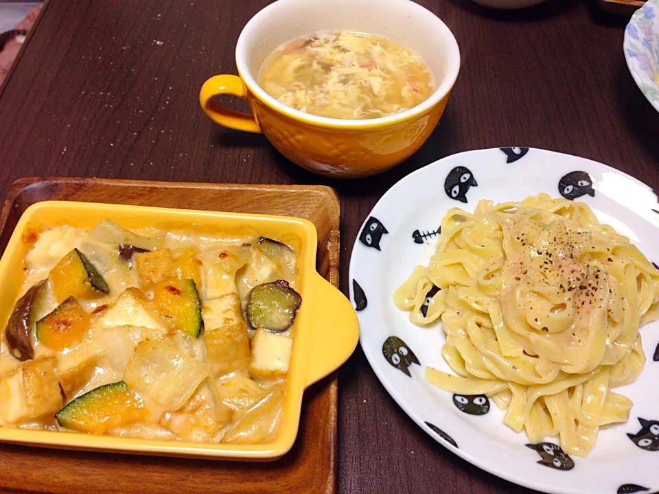 かぼちゃと厚揚チーズ焼き 明太パスタ 玉子スープ|こんこんさん