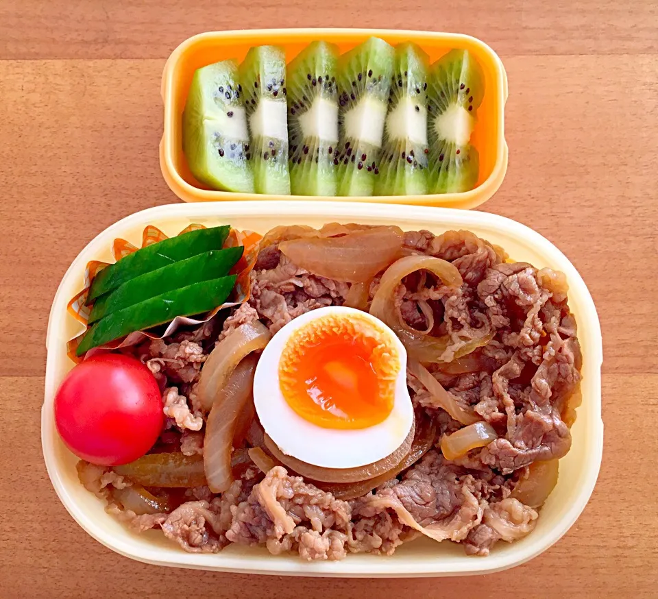 今日のお弁当#ガッツリ#牛丼#半熟たまご#浅漬け#キウイ#おべんとう|ぴのさん