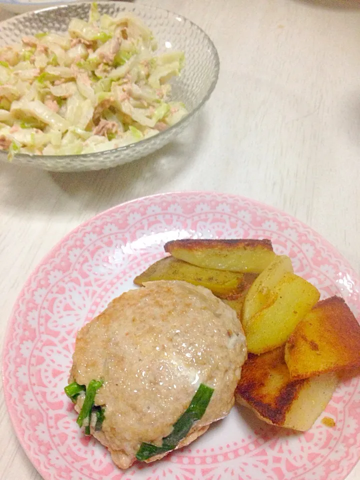 白菜サラダときんぴらニラ入りつくね、カリカリカレー風味ポテト|あやにん食堂さん