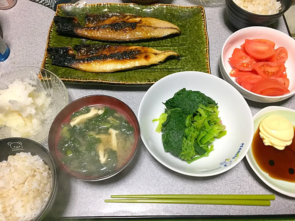 もち麦飯、魚、大根おろし、ちぢみホウレンソウ、トマト、春菊油揚げ味噌汁|ms903さん