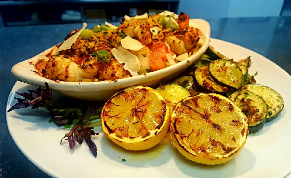 Snapdishの料理写真:cod scampi..served with cumin scented roasted reds and pan seared zucchini|chef Charlesさん