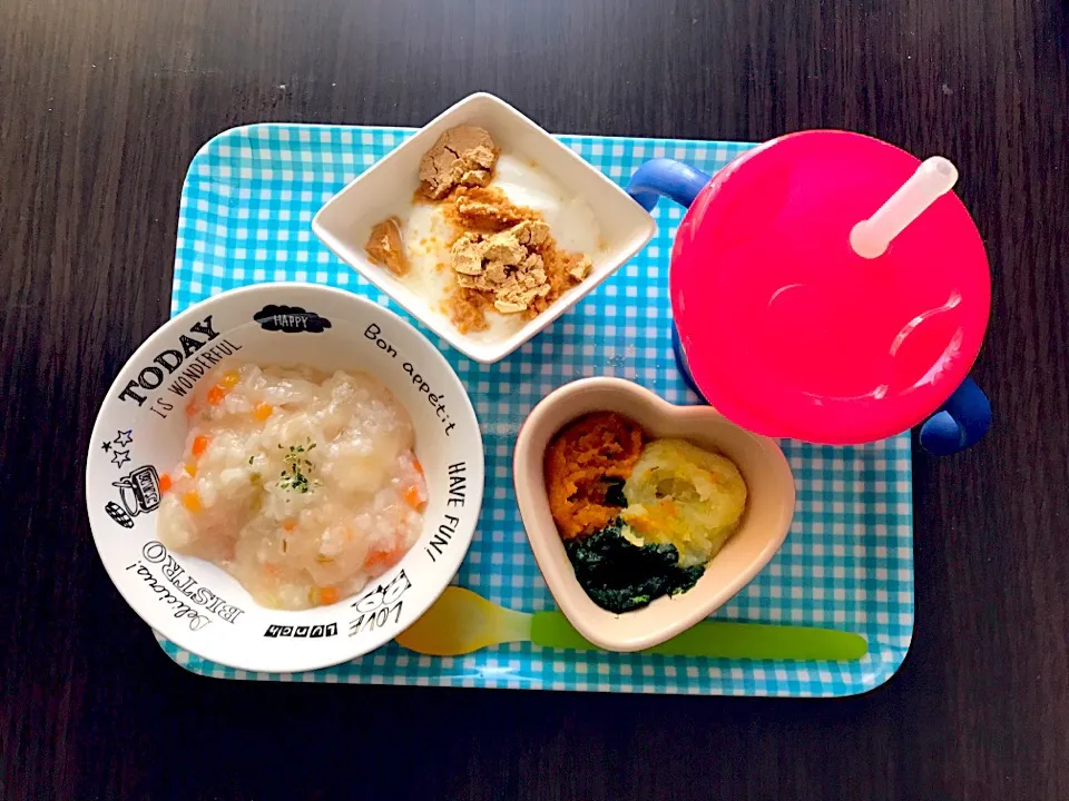 3/9❁息子離乳食①DAY65
BFまぐろの炊き込みご飯 80g
かぼちゃほうれん草さつまいも 各小さじ2 
きな粉ヨーグルト 大さじ2.5
野菜ジュース100ml|つんさん