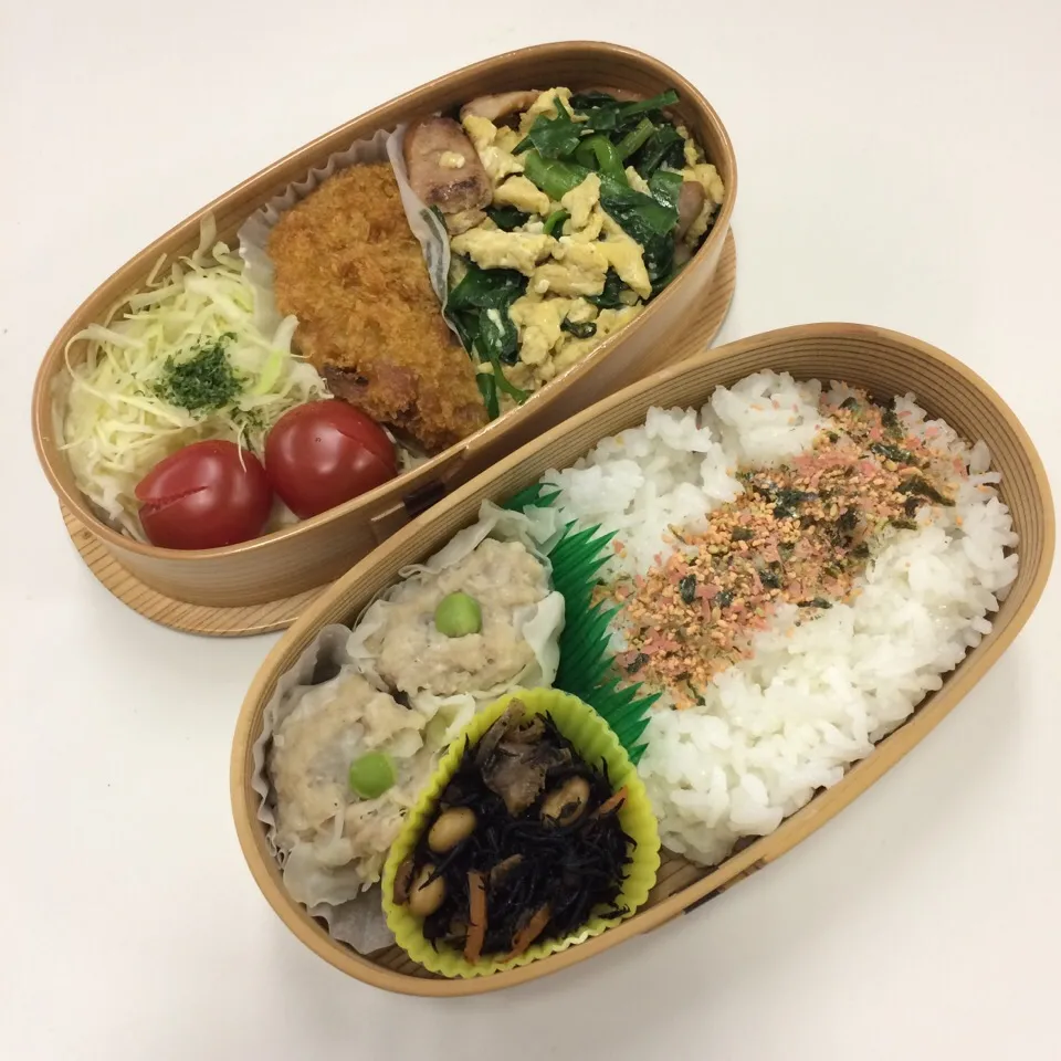 弁当（ニラ玉炒め、メンチカツ、サラダ、焼売、五目ひじき、ふりかけ）|SasaMasa213さん