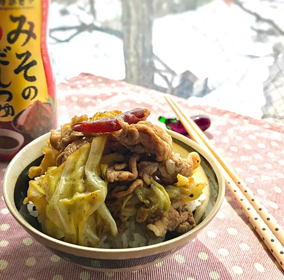 昼ごはん  寿がきやさんのみそのだしつゆで、胡麻味噌豚キャベ丼|砂雪さん