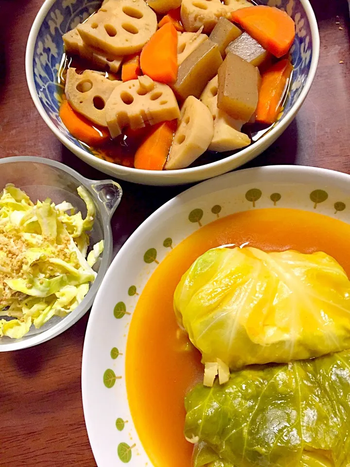 鶏肉とチーズのロールキャベツ   蒟蒻と人参 蓮根の煮物   胡麻キャベツ|掛谷節子さん