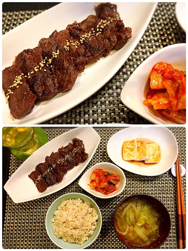 Snapdishの料理写真:はらみ(牛肉)の塩焼き❣️玄米ご飯とスープは煮干しの出汁に韓国の味噌と白菜を入れた「デンジャンクッ」、豆腐は焼いて酢醤油をかけました。\(*^_^*)/♡|Hi-Niさん