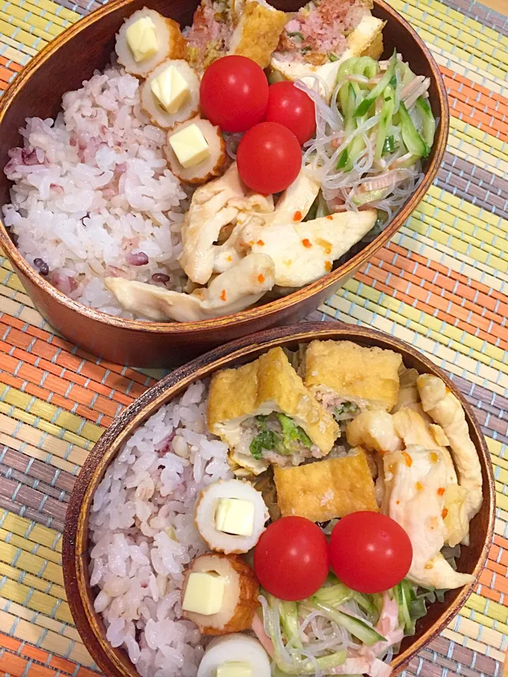 ふたり弁当

厚揚げの肉詰め蒸し焼き
鶏肉チリソース
春雨サラダ
ミニトマト
ちーちく|ひななぎさん