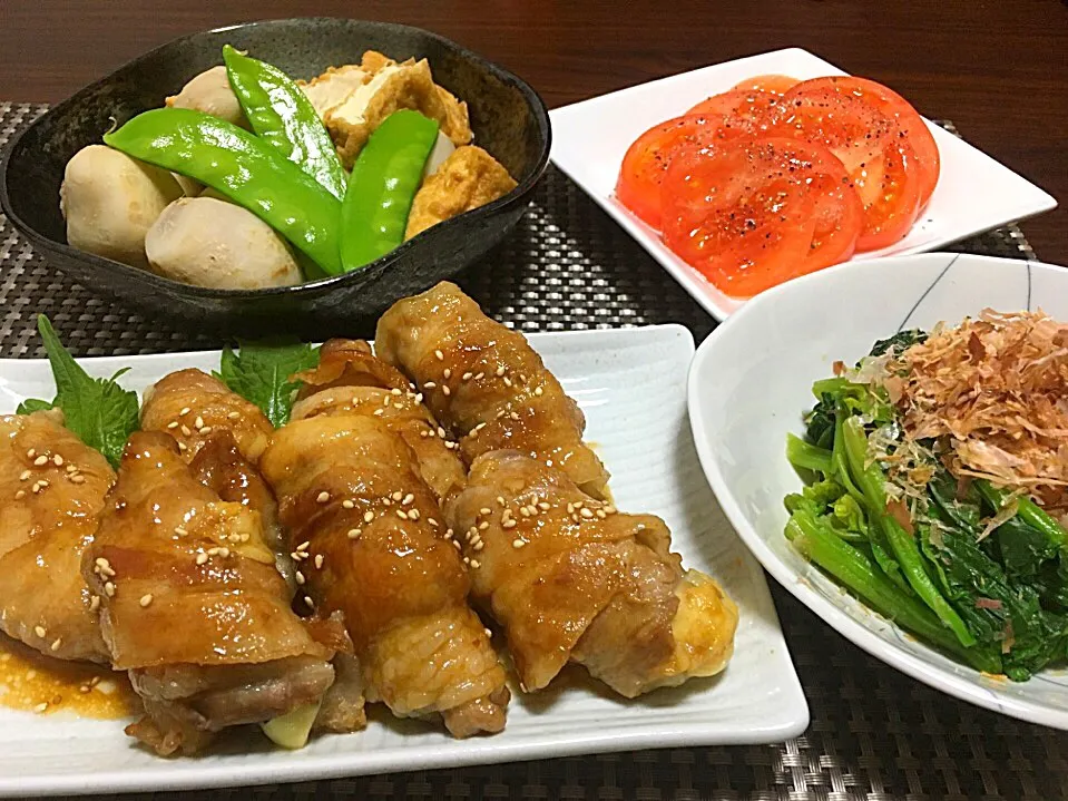 豚バラと新タマネギの照り焼き
里芋と厚揚げの煮物
ほうれん草のお浸し
トマトスライス|みっきーさん