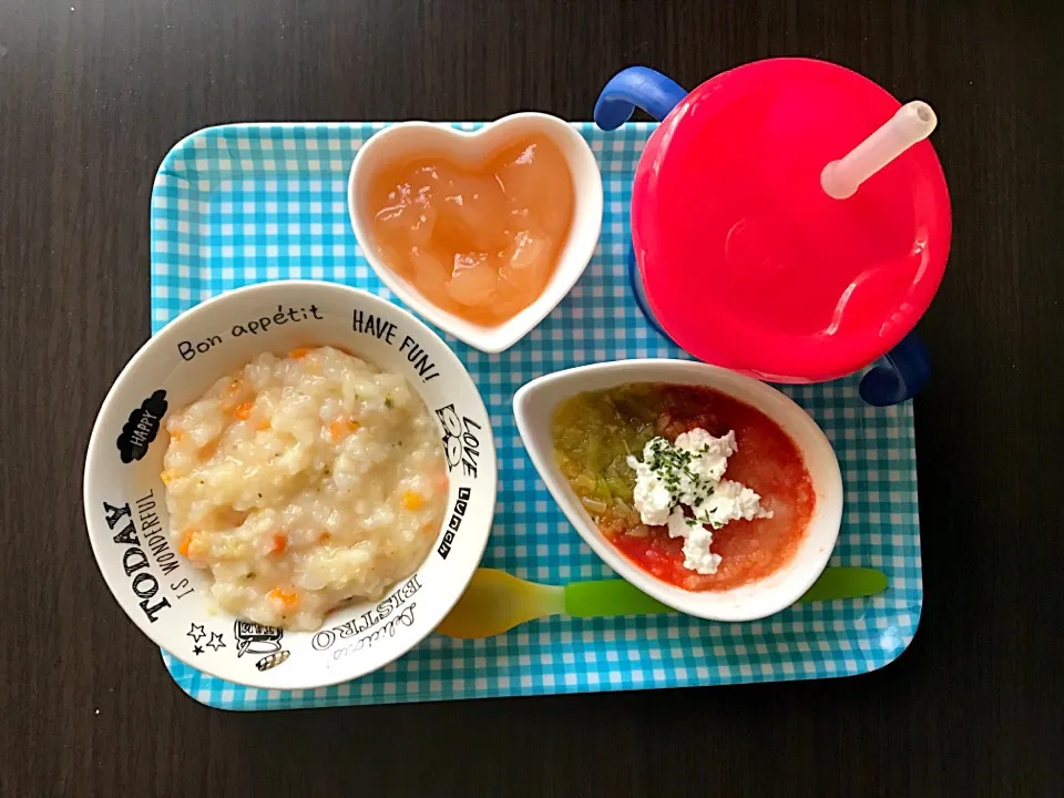 3/11❁息子離乳食①DAY67
BFチキンと野菜のリゾット  95g
ミネストローネ
(トマト、じゃがいも、キャベツ、カッテージチーズ各小さじ2)
BFももとぶどう 35g
野菜ジュース|つんさん