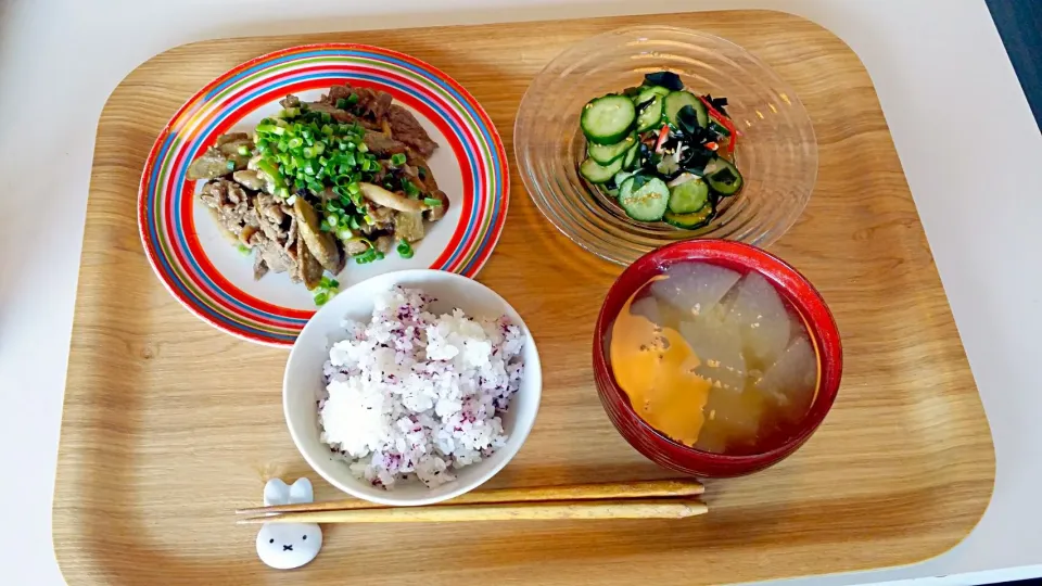 今日の昼食　牛肉とごぼうの胡麻味噌炒め、きゅうりの酢の物、ゆかりご飯、大根の味噌汁|pinknari🐰🌈さん