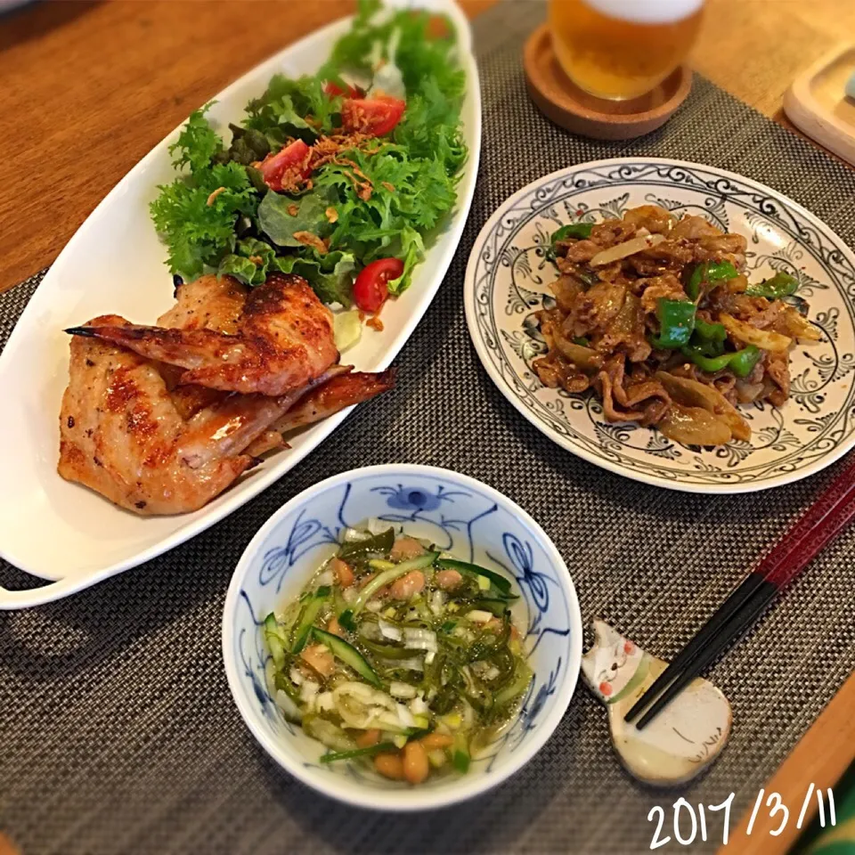 手羽先のロースト／塩麹
豚こまとピーマン、玉ねぎのカレー炒め
めかぶ納豆|𓇼 Ⓢ Ⓗ Ⓘ Ⓝ Ⓞ Ⓑ Ⓤ 𓇼さん