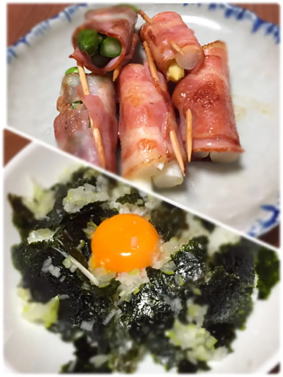 Snapdishの料理写真:⚫︎ホワイトアスパラ&グリーンアスパラのベーコン巻き
⚫︎自家製韓国海苔丼|まるちゃんさん