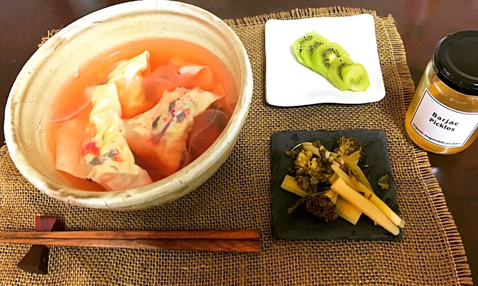 Sunday lunch. Chicken cheese and beet tops wonton in daikon and beet top soup. Pickled celery and broccoli by Barjac Pickles from Eat Local Kobe Farmer's Market|Douglas Allisonさん