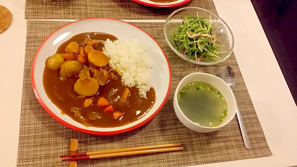 今日の夕食　カレーライス、豆苗サラダ、わかめスープ|pinknari🐰🌈さん