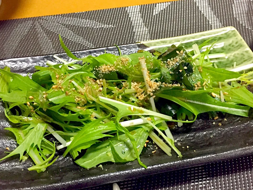 水菜サラダ!  (^-^)
残った水菜の胡麻油と醤油のドレッシングとすり胡麻をトッピングしみました!  (^-^)/|Kei Satoさん