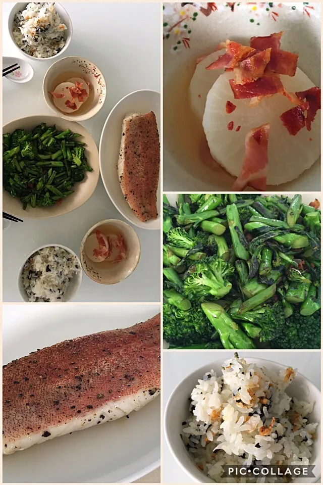 Ebi furikake rice, baked snapper, braised daikon with bacon bits, garlic broccolini|Ong Sor Fernさん