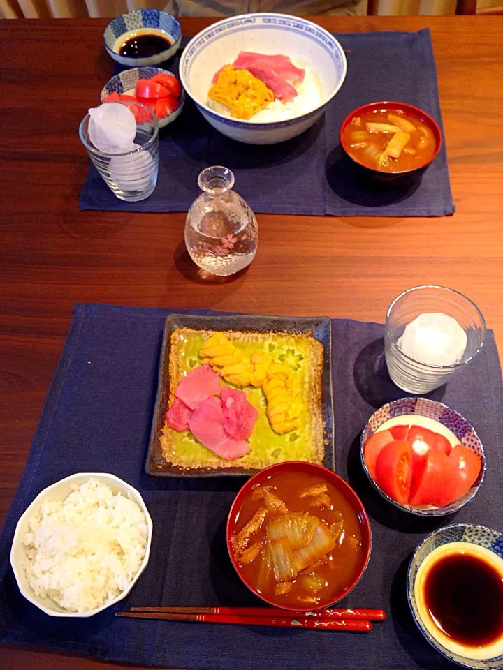 雲丹 上はどんぶりバージョン 下はお刺身バージョン あと、白菜と油揚げの味噌汁|りりこさん