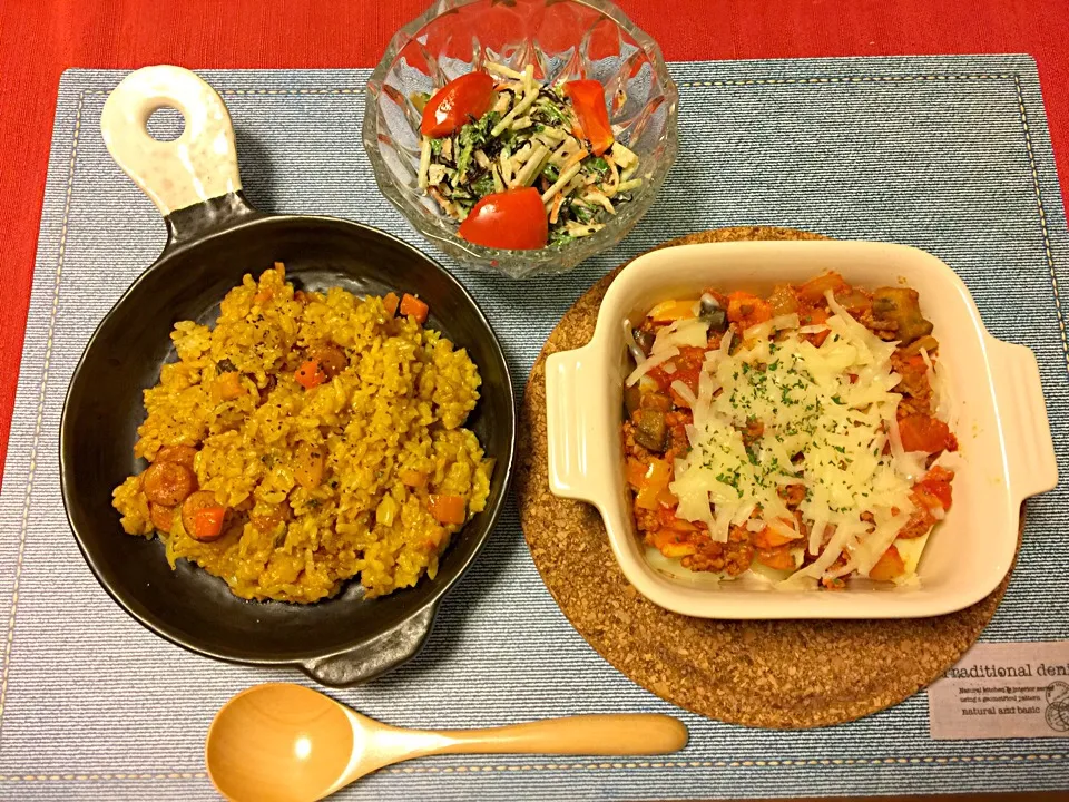 カレーピラフ
新じゃがミートグラタン
水菜とひじきとれんこんのシャキシャキサラダ|Caolaさん