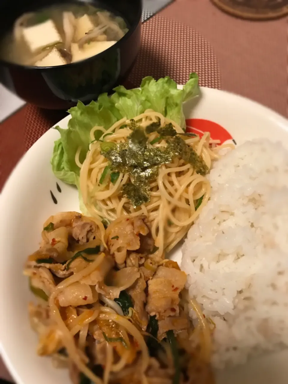 #豚キムチ#明太子パスタ#厚揚げの味噌汁|えりぃさん