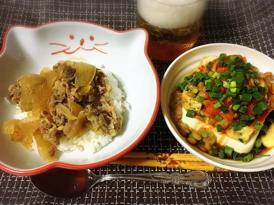 牛丼、玉子焼キムチ納豆ひややっこ🍺|くろねこっく🐈‍⬛さん