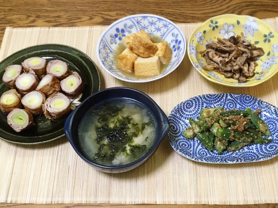 Snapdishの料理写真:ネギの豚巻きソテー・厚揚げの煮物・椎茸の焼き浸し・オクラの胡麻和え・チキンスープ|美也子さん