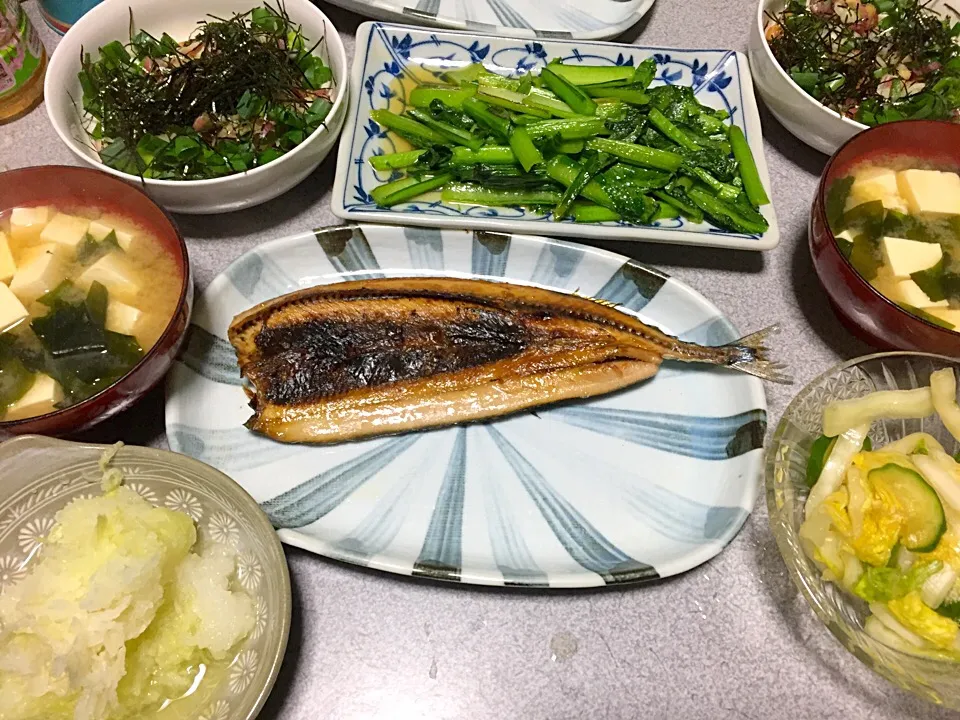 もち麦飯、大根おろし、魚、薬味たっぷり納豆、小松菜ソテー、豆腐ワカメ味噌汁、白菜キュウリ漬物|ms903さん